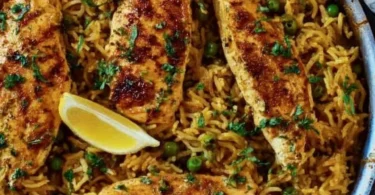 One Pan Mediterranean Chicken and Rice served on a plate with vegetables