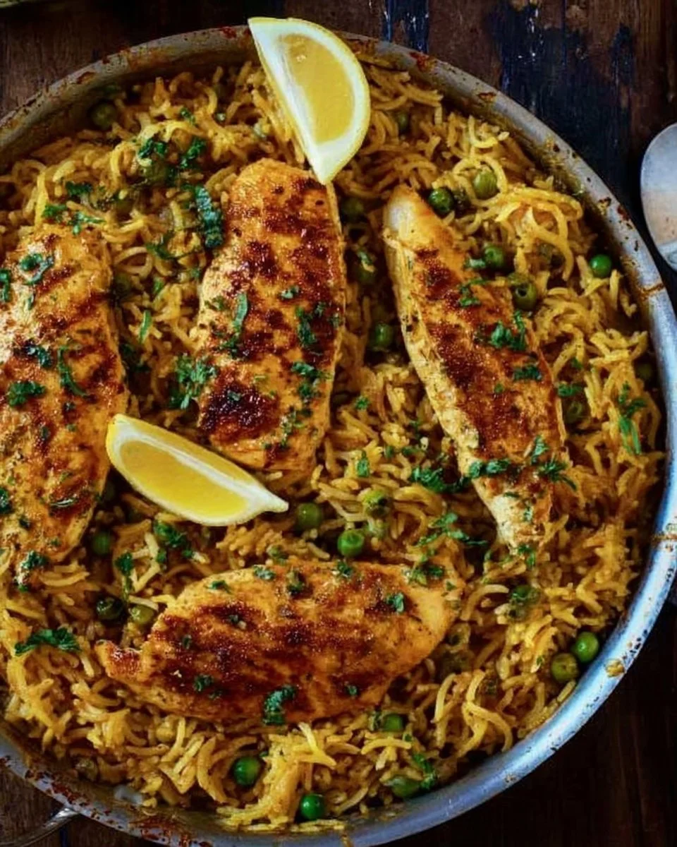 One Pan Mediterranean Chicken and Rice served on a plate with vegetables