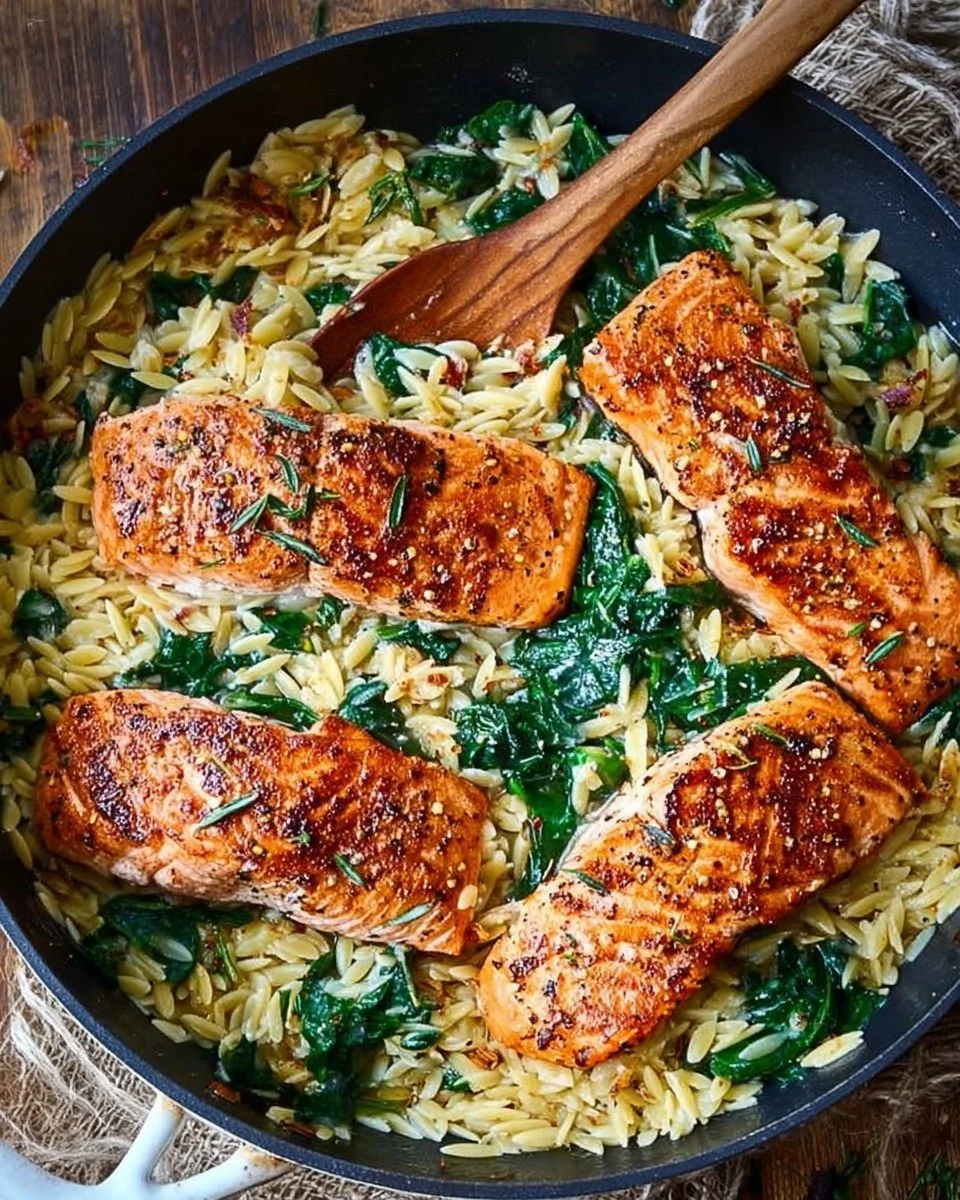 One Skillet Salmon served with Lemon Orzo, a healthy and flavorful recipe.
