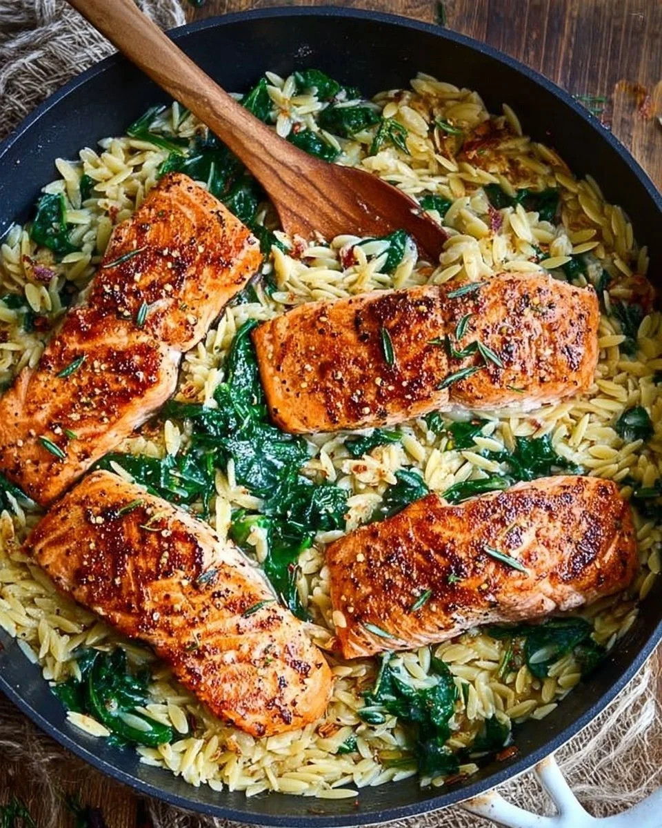 One Skillet Salmon with Lemon Orzo