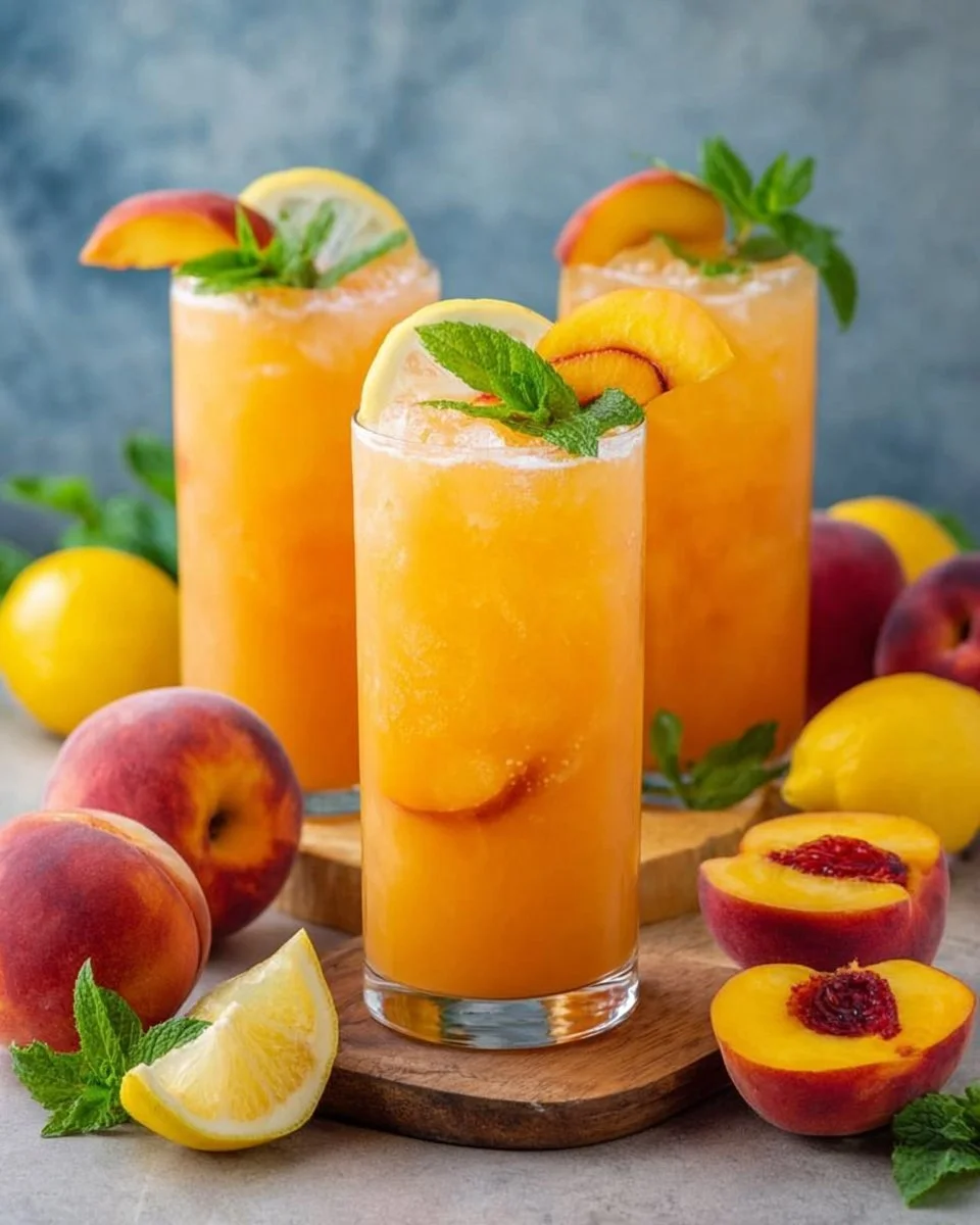 Glass of refreshing Peach Lemonade with slices of peach and lemon