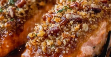 Pecan crusted salmon topped with maple-bourbon glaze on a plate
