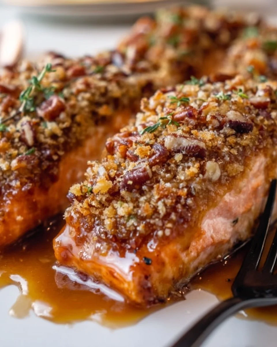 Pecan crusted salmon topped with maple-bourbon glaze on a plate