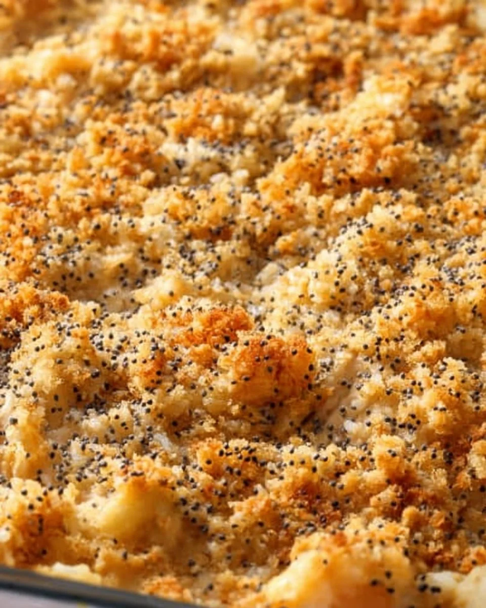 Pioneer Woman Poppy Seed Chicken Casserole topped with poppy seeds and herbs.