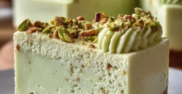 Creamy pistachio cheesecake without baking, garnished with crushed pistachios.