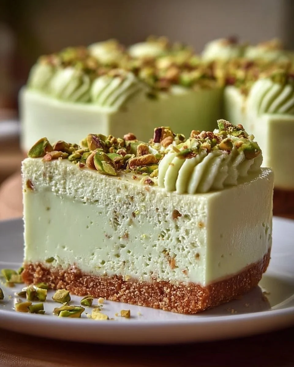 Creamy pistachio cheesecake without baking, garnished with crushed pistachios.
