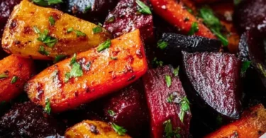 Plate of roasted beets and carrots with herbs and spices.