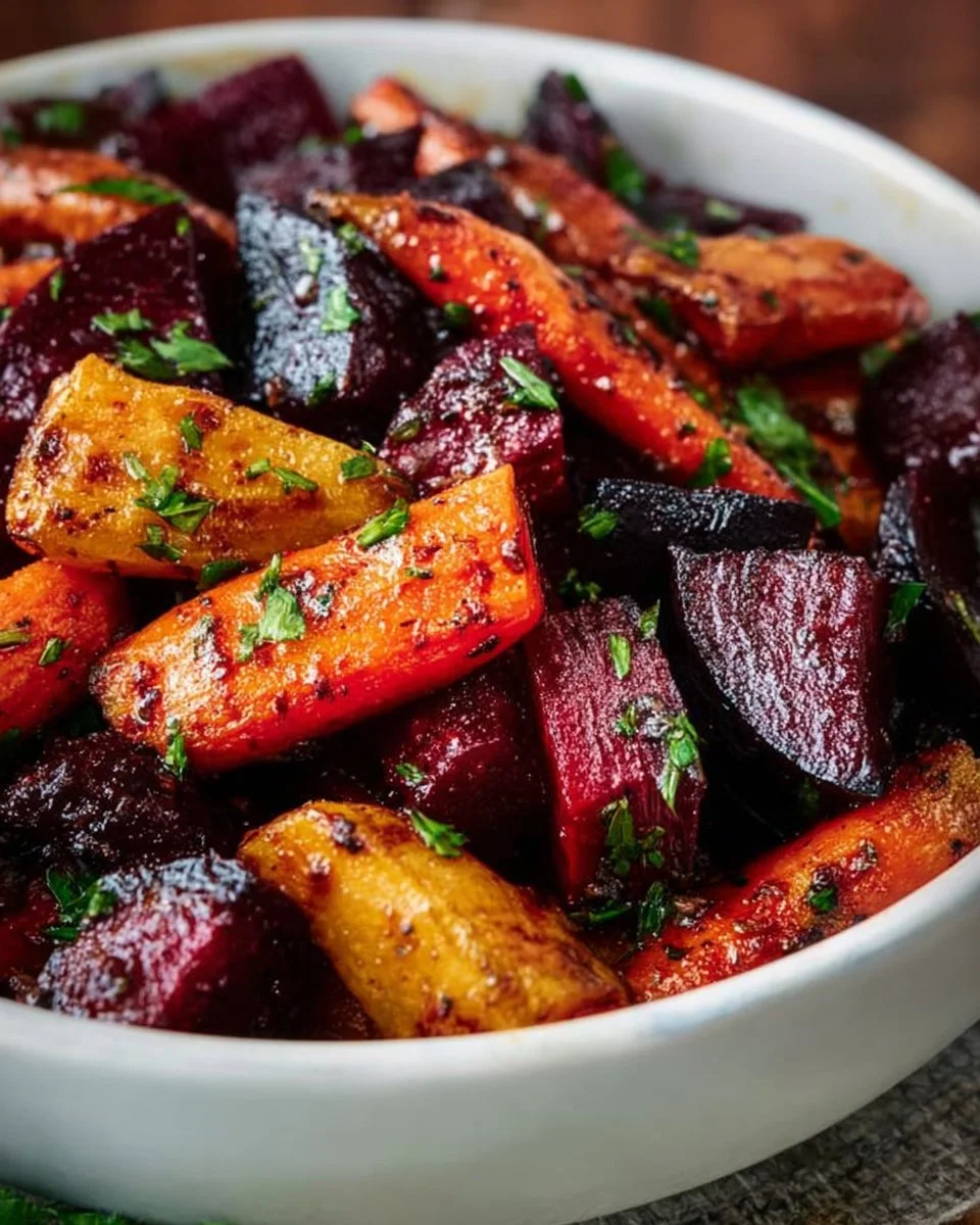 Plate of roasted beets and carrots with herbs and spices.