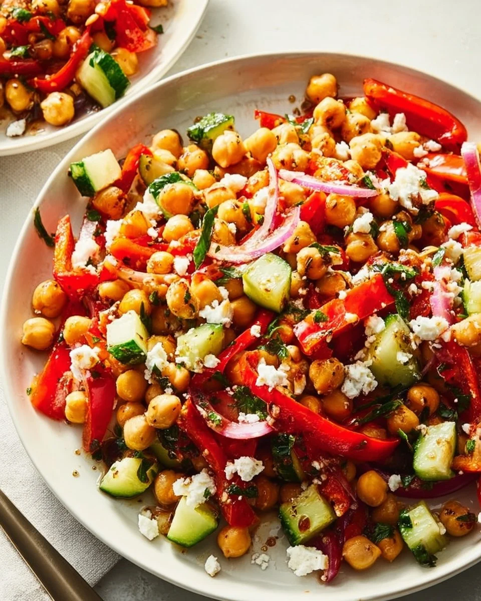 Healthy roasted red pepper and chickpea salad in a bowl with fresh ingredients