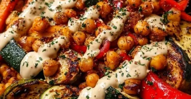 Roasted vegetable and chickpea bowl topped with herbs and spices.