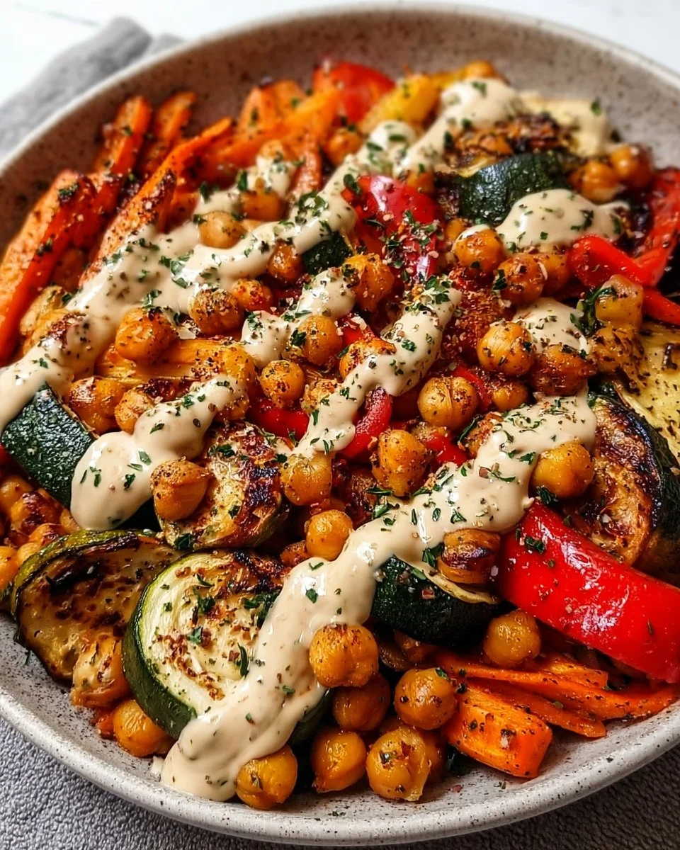 Roasted vegetable and chickpea bowl topped with herbs and spices.
