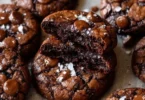 Freshly baked salted brownie cookies on a baking sheet