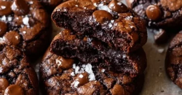 Freshly baked salted brownie cookies on a baking sheet