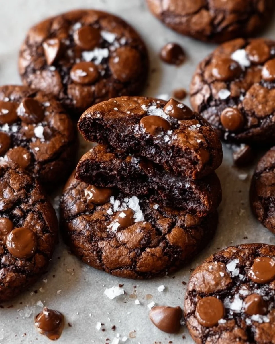 Freshly baked salted brownie cookies on a baking sheet