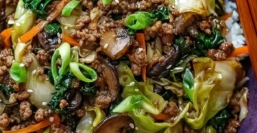 Savory Chinese Ground Beef and Cabbage Stir Fry in a skillet