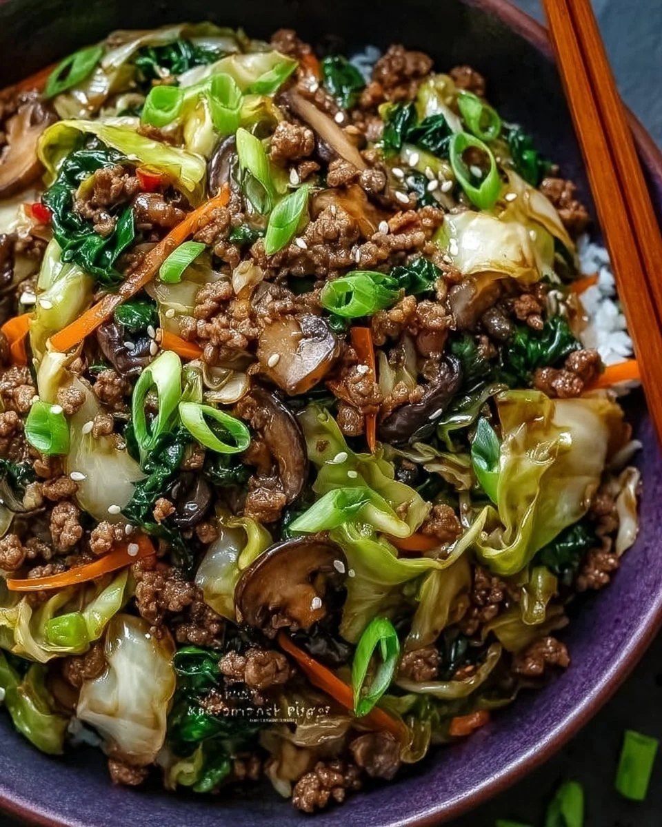 Savory Chinese Ground Beef and Cabbage Stir Fry in a skillet