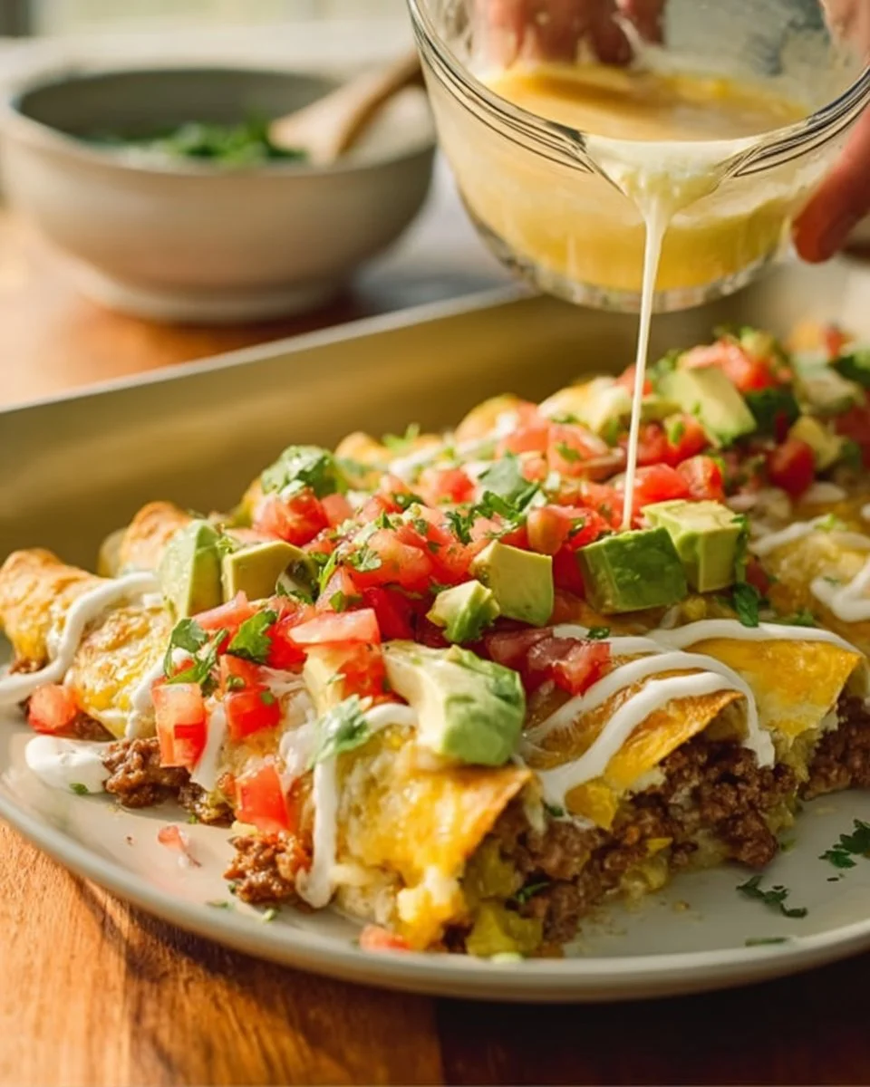 Delicious savory enchilada bake topped with cheese and fresh herbs.