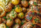 Sheet pan lemon balsamic chicken served with roasted potatoes