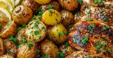 Sheet pan lemon balsamic chicken served with roasted potatoes
