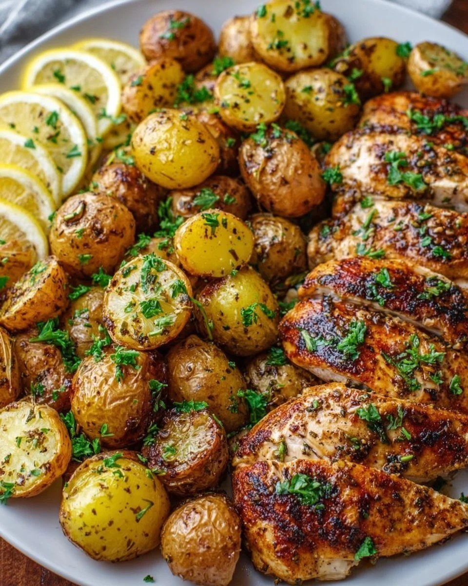 Sheet pan lemon balsamic chicken served with roasted potatoes