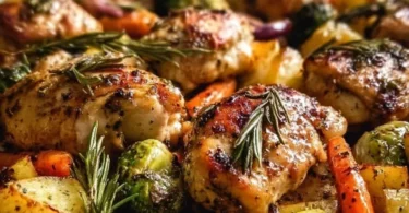 Sheet pan with lemon herb chicken and colorful vegetables ready to bake.