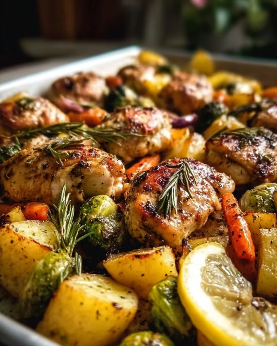 Sheet pan with lemon herb chicken and colorful vegetables ready to bake.