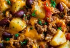 Delicious slow cooker cowboy casserole with ground beef, beans, and cheese.