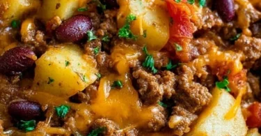 Delicious slow cooker cowboy casserole with ground beef, beans, and cheese.