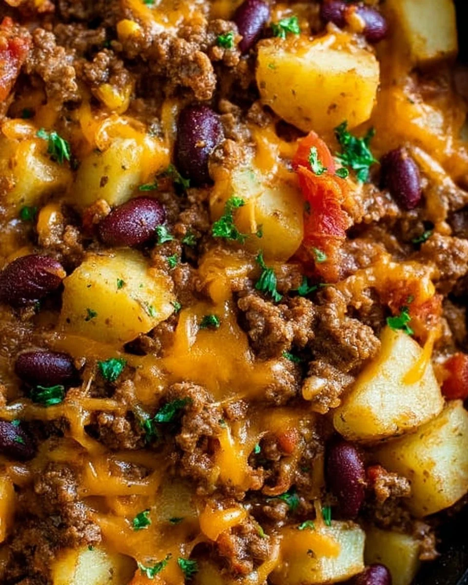 Delicious slow cooker cowboy casserole with ground beef, beans, and cheese.