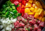 Delicious Slow Cooker Honey Garlic Beef served with steamed vegetables.