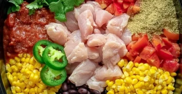 A bowl of Slow Cooker Santa Fe Chicken with colorful vegetables and spices.