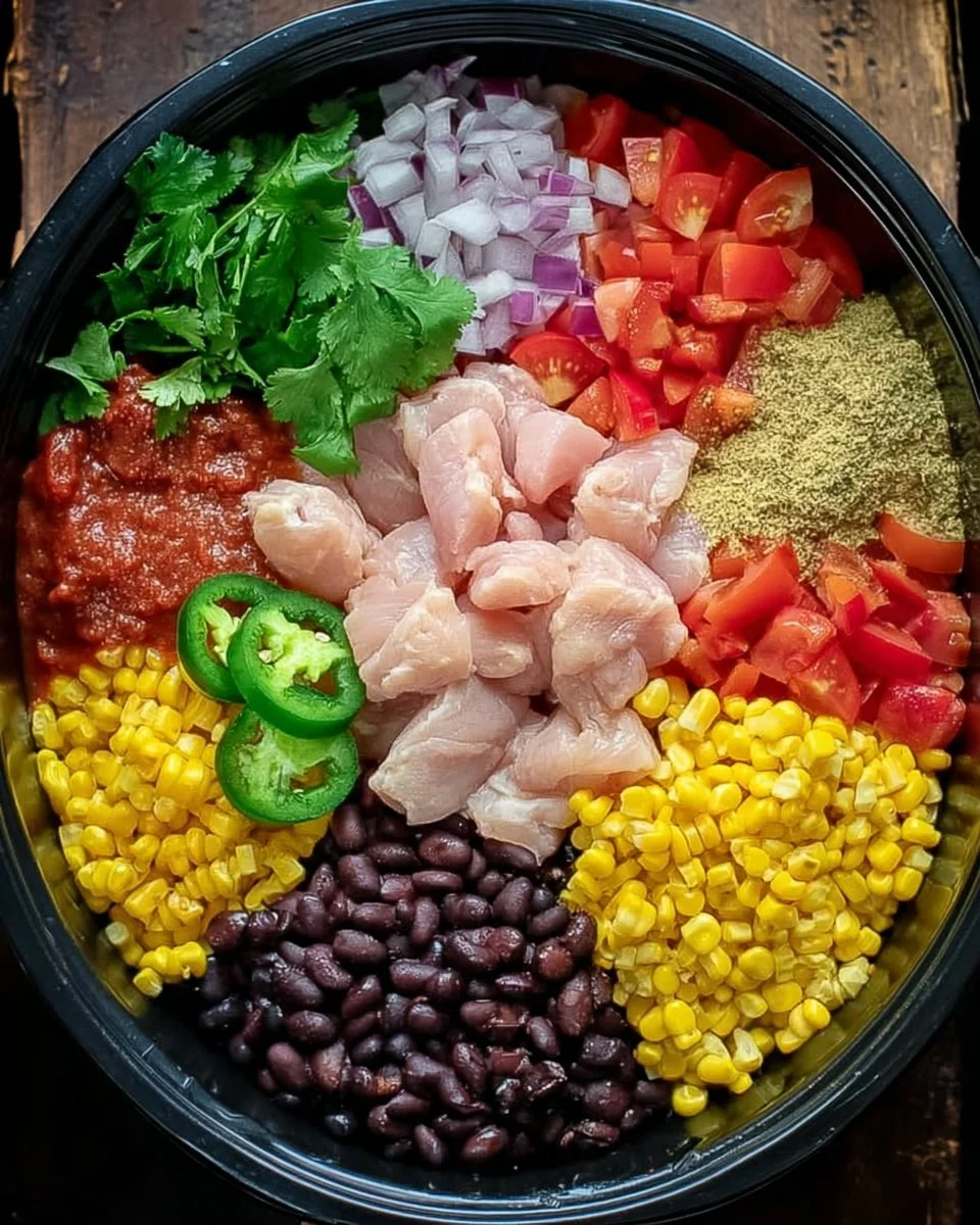 A bowl of Slow Cooker Santa Fe Chicken with colorful vegetables and spices.