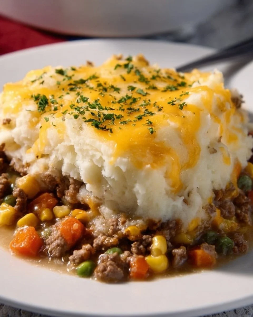 Delicious Slow Cooker Shepherd's Pie topped with creamy mashed potatoes