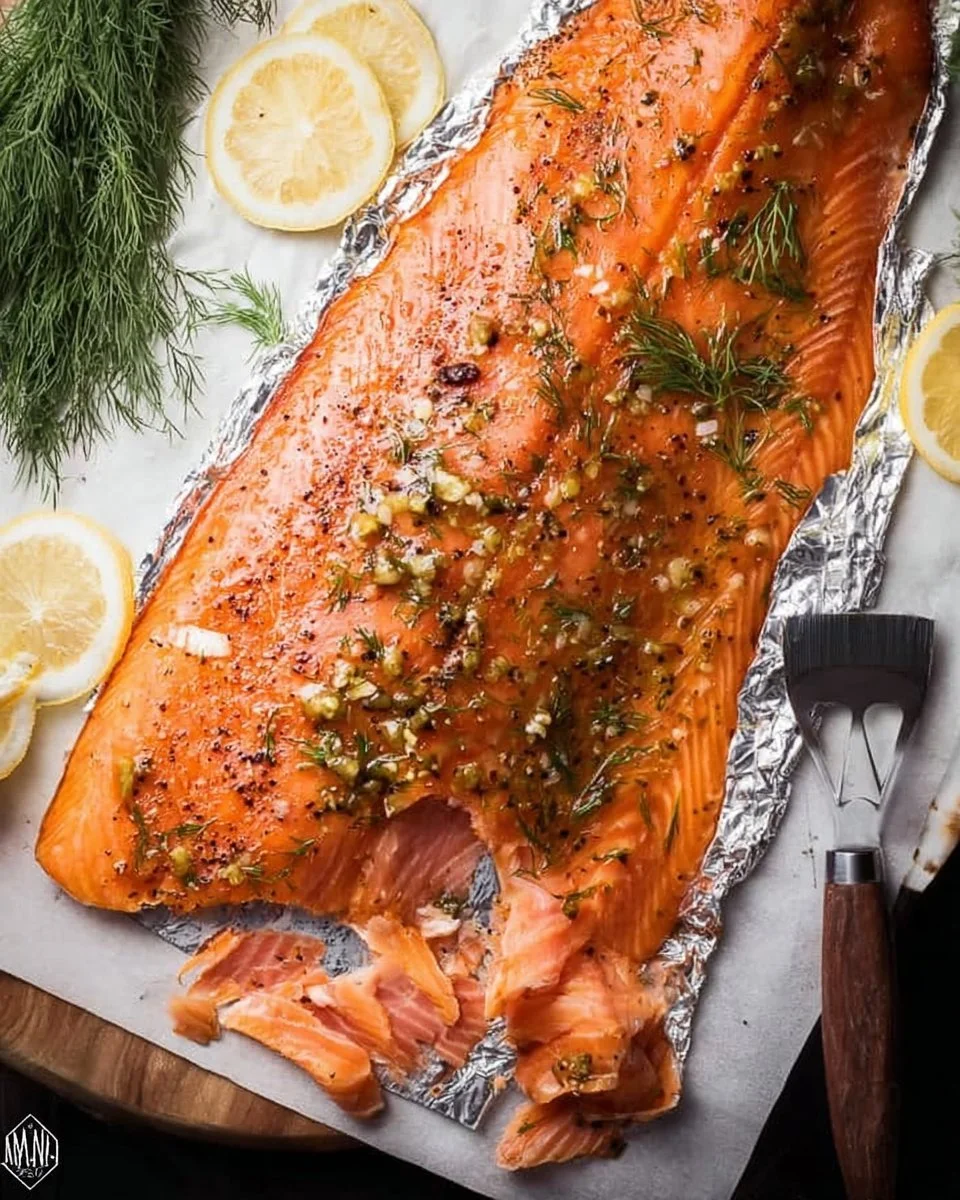 Plate of delicious smoked salmon garnished with herbs and lemon slices