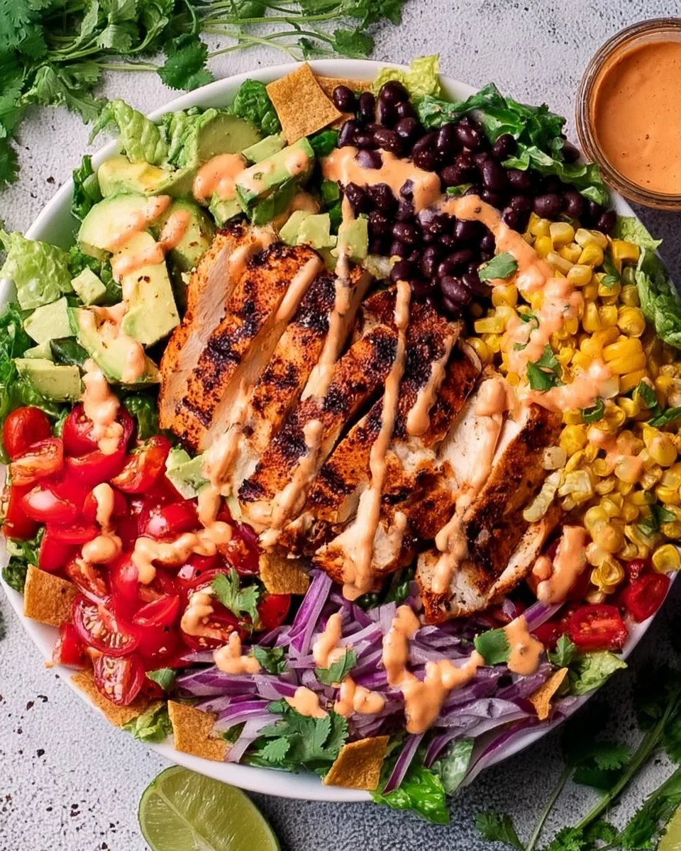 Bowl of Southwest Avocado Chicken Salad topped with fresh ingredients