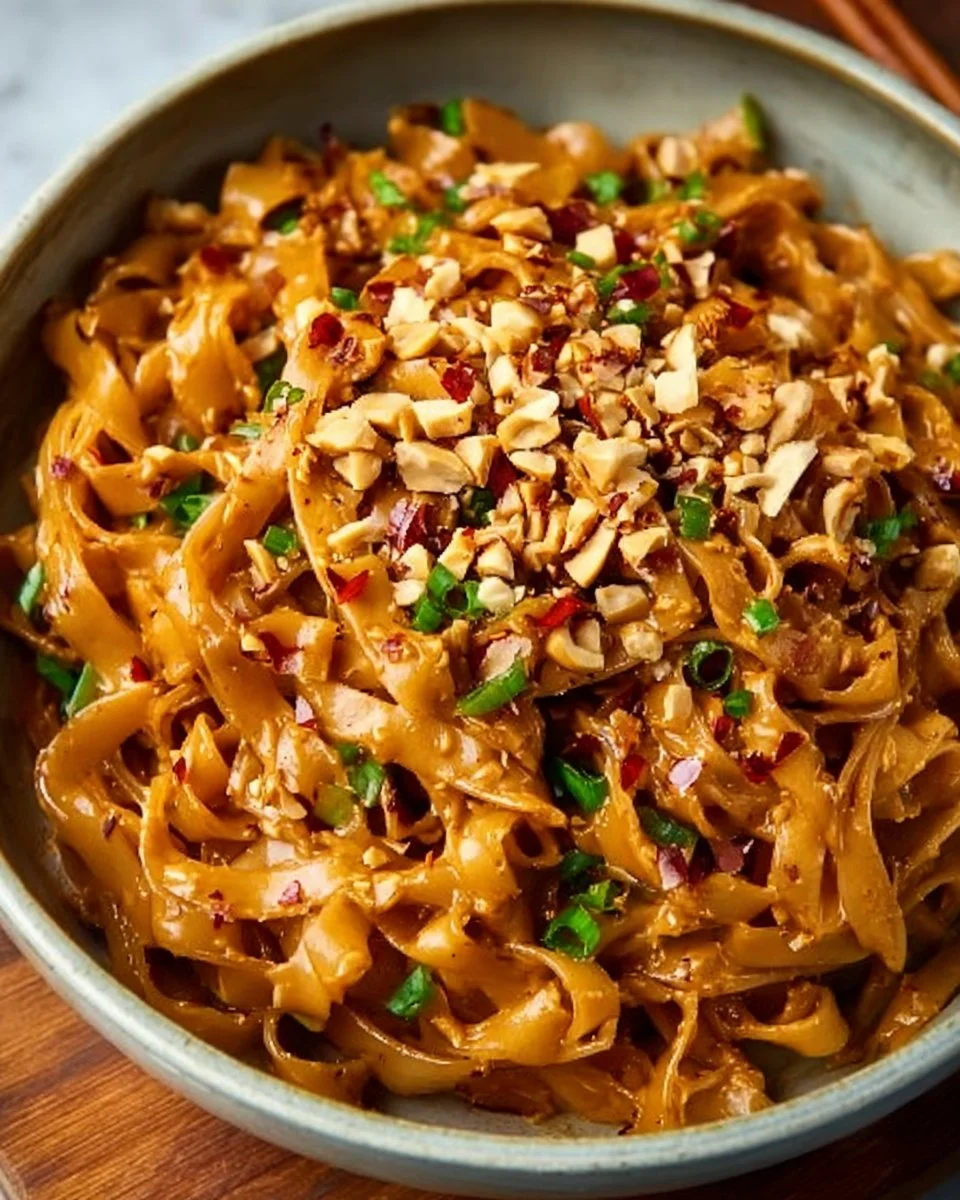 Spicy peanut butter noodles served in a bowl with fresh vegetables