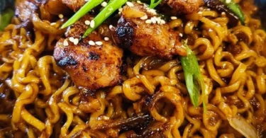 Stir Fry Japanese BBQ Ramen Noodles in a colorful bowl with vegetables and sauce.