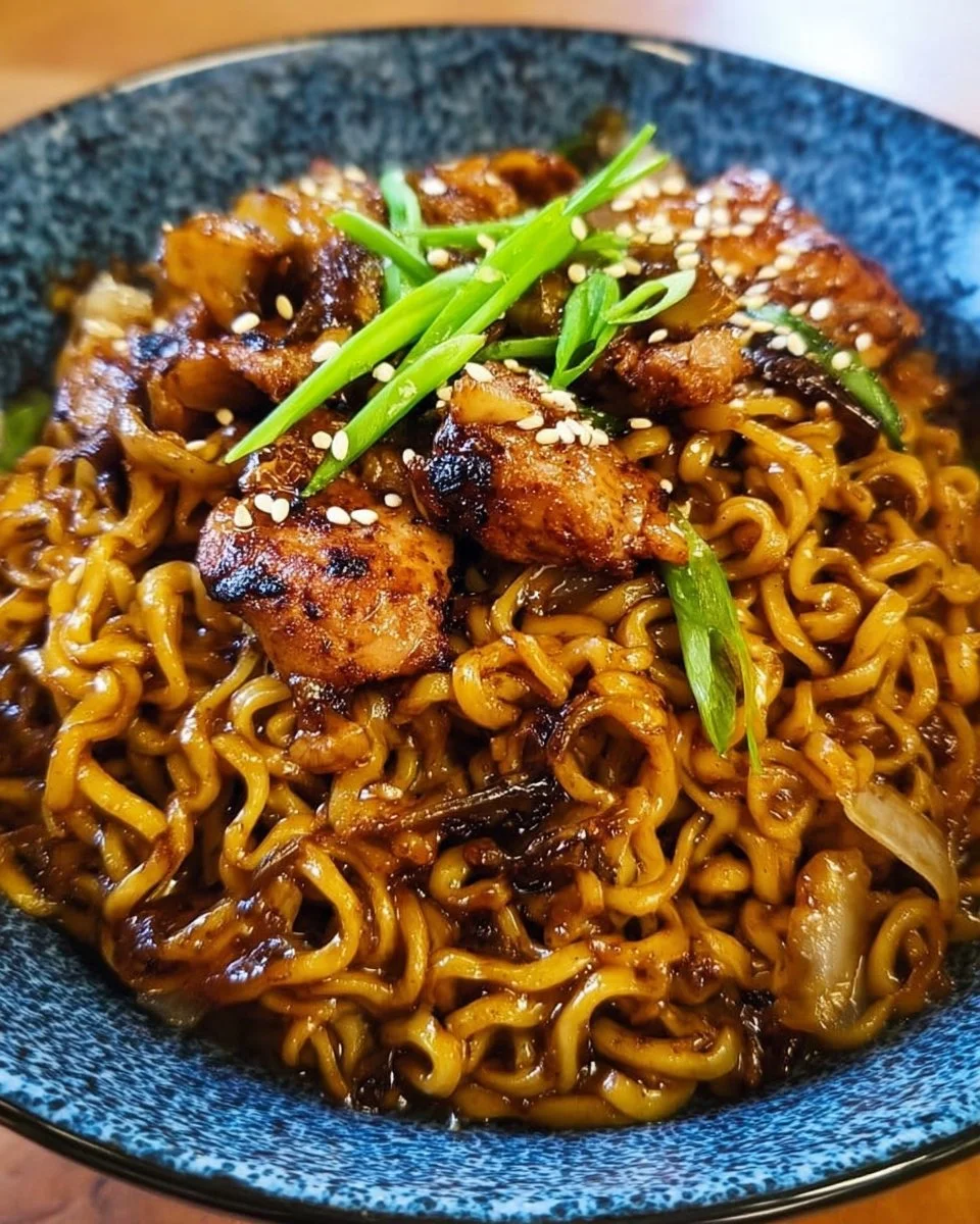 Stir Fry Japanese BBQ Ramen Noodles in a colorful bowl with vegetables and sauce.