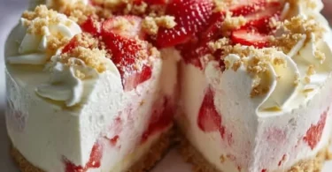 Delicious Strawberry Crunch Cheesecake with a crunchy topping and strawberry garnish