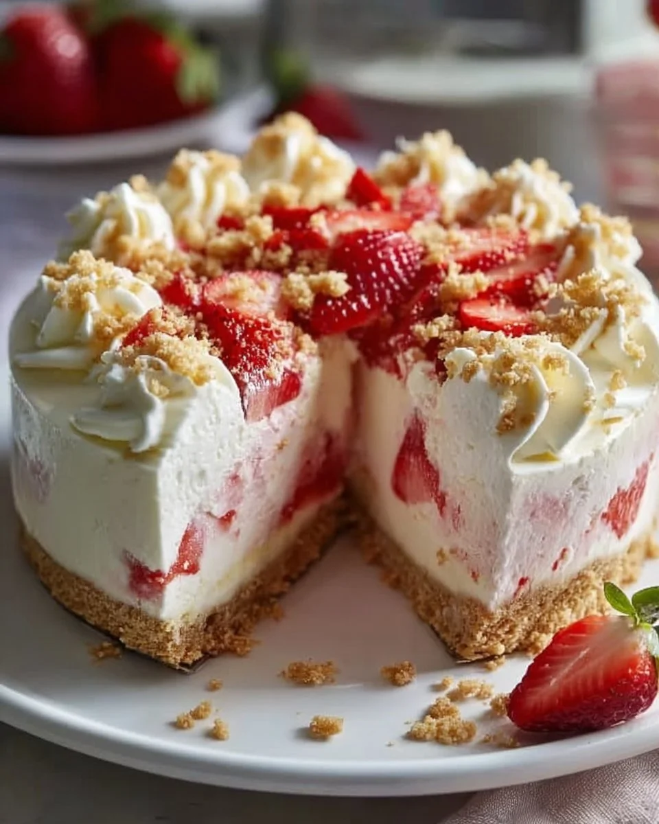 Delicious Strawberry Crunch Cheesecake with a crunchy topping and strawberry garnish