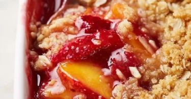 Strawberry Peach Crisp with oat topping served in a baking dish