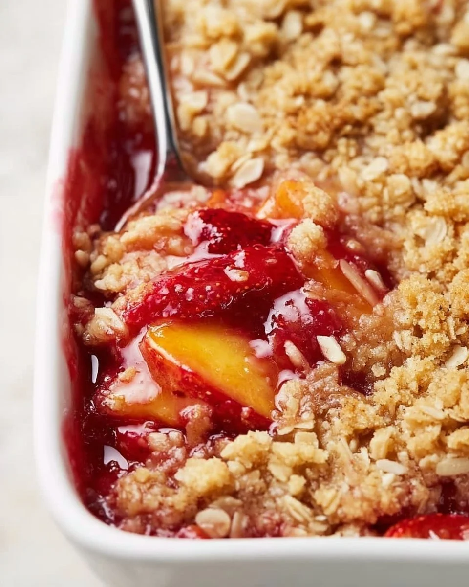 Strawberry Peach Crisp with oat topping served in a baking dish