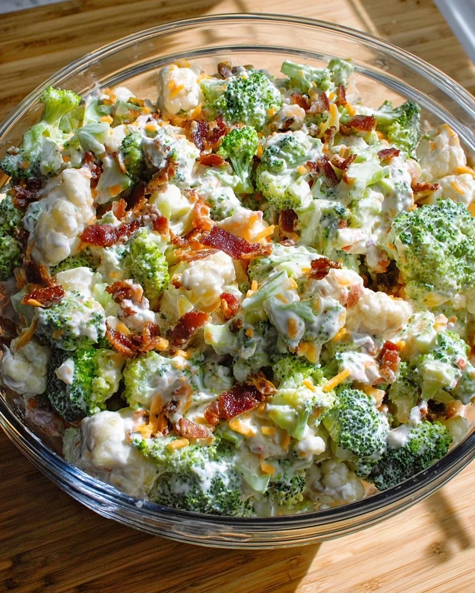 Sweet broccoli cauliflower salad with colorful vegetables and dressing