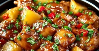 Sweet Hawaiian Chicken made in a crockpot, featuring pineapple and barbecue sauce