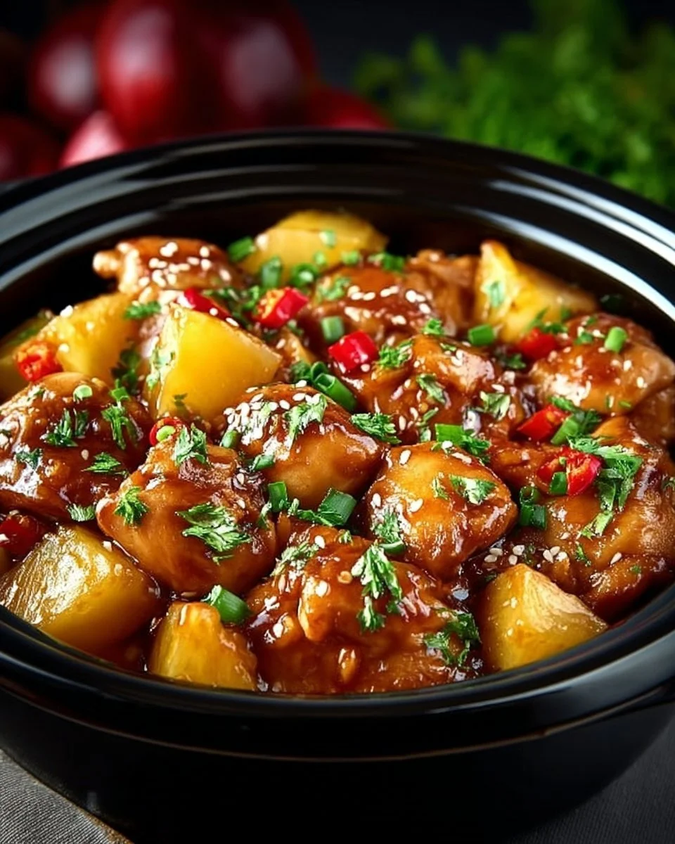 Sweet Hawaiian Chicken made in a crockpot, featuring pineapple and barbecue sauce