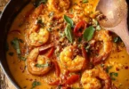 Bowl of Thai coconut shrimp curry with vibrant colors and ingredients.