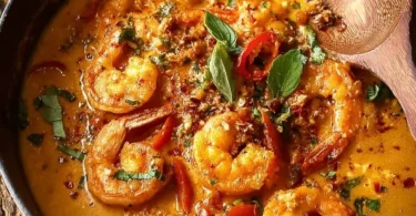 Bowl of Thai coconut shrimp curry with vibrant colors and ingredients.