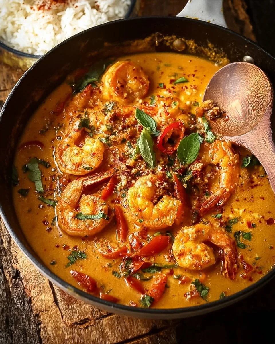 Bowl of Thai coconut shrimp curry with vibrant colors and ingredients.