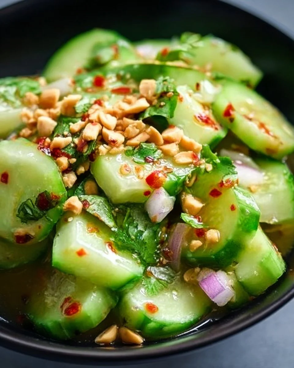Bowl of vibrant Thai Cucumber Salad with fresh vegetables and herbs