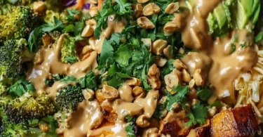 Thai Peanut Sweet Potato Buddha Bowl garnished with fresh vegetables